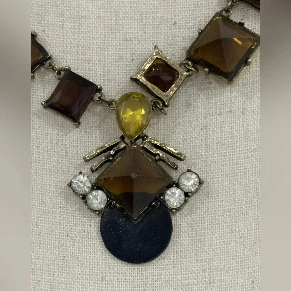 Vintage Sohi Denise gold costume statement necklace with yellow and brown stones - Picture 4 of 14